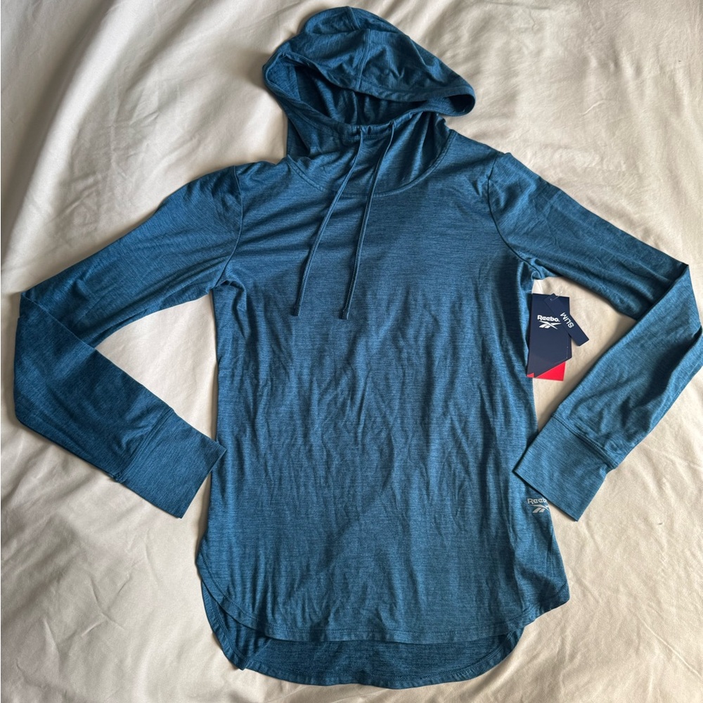 Reebok Fired Up Marble hooded drifit heather blue long sleeve